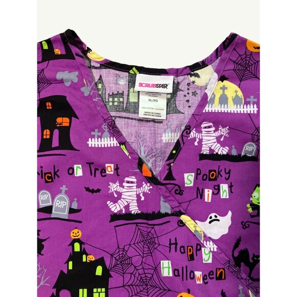 Halloween ScrubStar Scrub Top - Spooky Purple Print XL - Picture 7 of 10